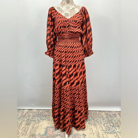 DU PARADIS Maroon and rust striped deep V maxi dress size L - Picture 10 of 16